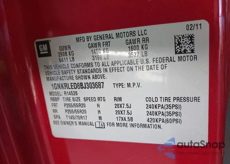 2011 Chevrolet Traverse Ltz из США, поврежденный, VIN 1GNKRLED8BJ303687